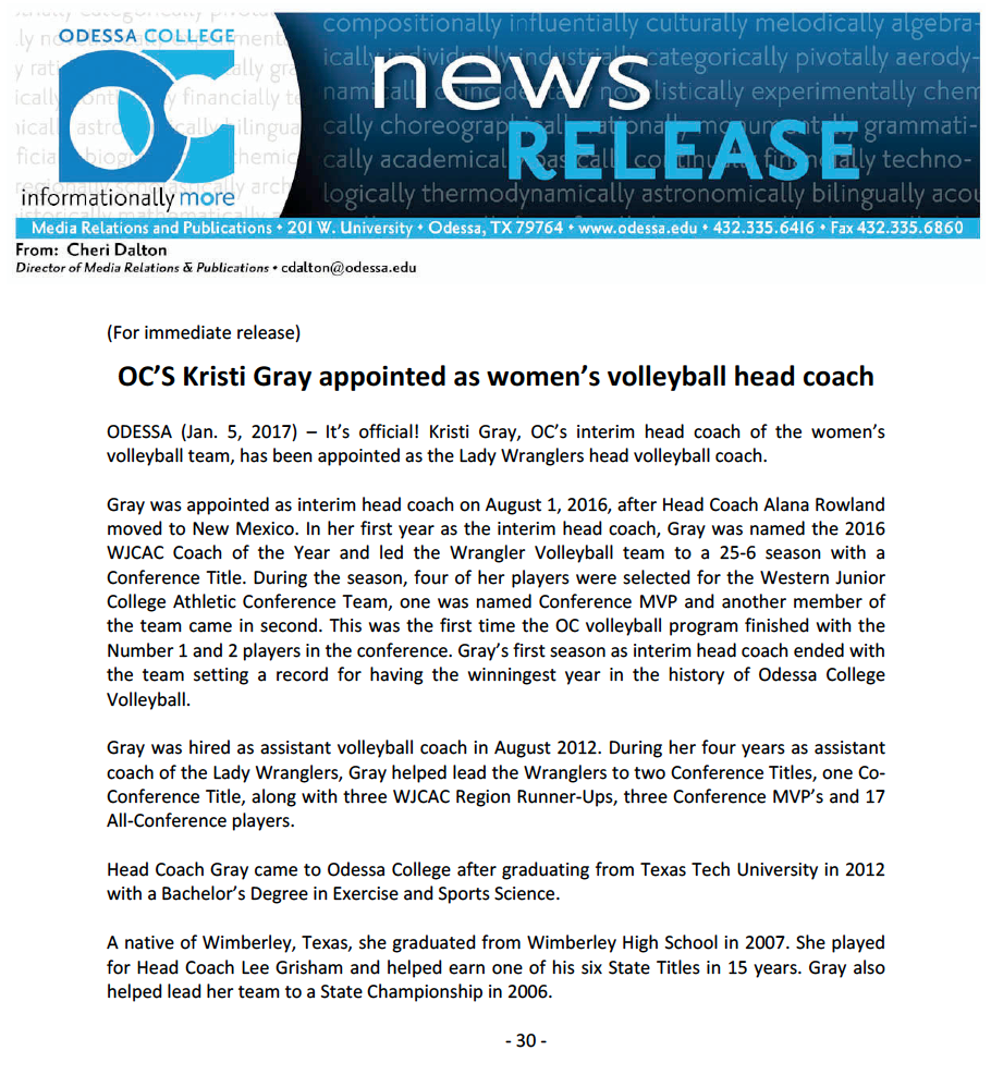Gray Named Head Volleyball Coach